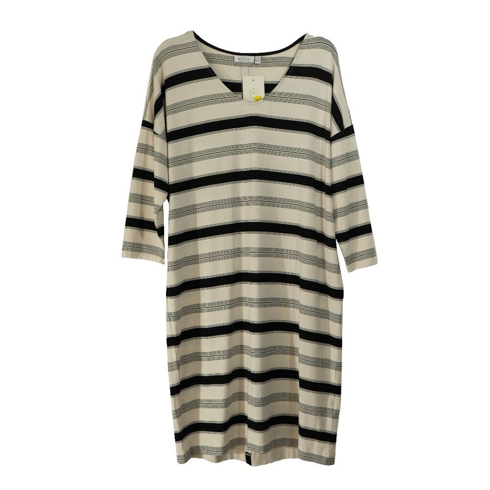 Masai White Striped Dress Slouchy Jersey Knit 3/4 Sleeve Loose Stretchy Midi